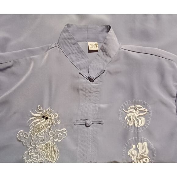 Kim Lai Fashions XL 100% Silk Chinese Tang Shirt Light Blue Dragon Frog Buttons - Picture 7 of 9